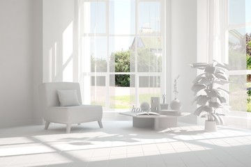 Idea of white room with armchair and summer landscape in window. Scandinavian interior design. 3D illustration