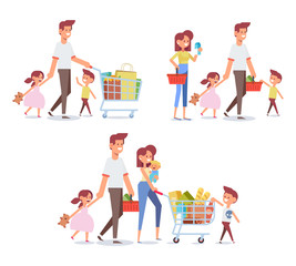 Happy family shopping - parents with happy kids. Big sale.  Purchasing of goods and gifts. Flat Vector illustration, cartoon design.