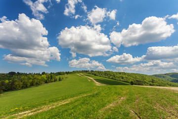 Fototapeta na wymiar Blue cloudy sky over green hills and country road