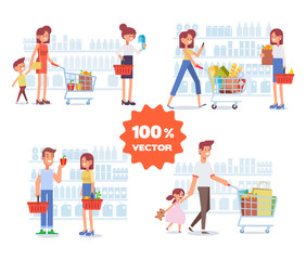 People shopping in supermarket. Big vector set. Cartoon style, flat vector illustration.