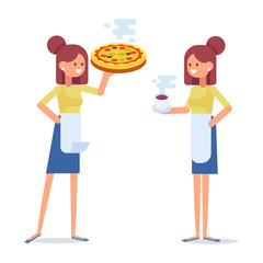 Young smiling waitress holding cup of tea or coffee.Friendly waitress standing with pizza. Cartoon style, flat vector illustration.