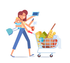 Multitasking woman. Vector flat cartoon illustration.