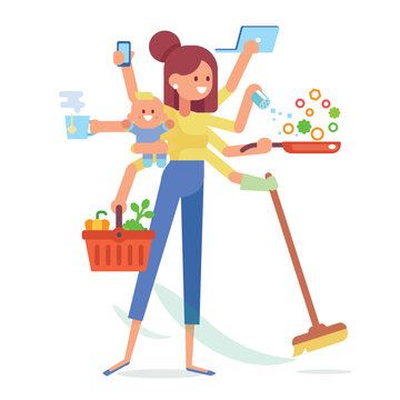 	 Super Mom - mother with baby, working, cooking, cleaning and make a shopping. Multitasking woman. Vector flat cartoon illustration. 