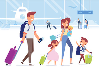 Happy Family travel together. Parents with children at the airport. Flat Vector illustration.  Character design.