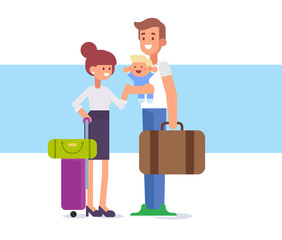 Happy Family travel together. Parents with children at the airport. Flat Vector illustration.  Character design.