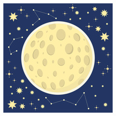 Night sky illustration. Moon, star, clouds.