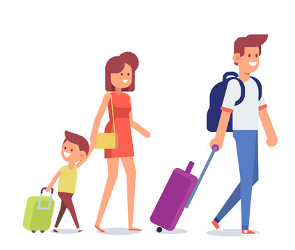 Happy Family travel together. Parents with children at the airport. Flat Vector illustration.  Character design.