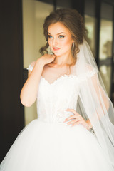 Naklejka premium Portrait of beautiful bride with fashion veil at wedding morning