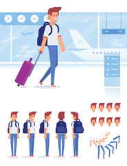 People traveling design. Smiling man with luggage ready for vacation travel at the airport. Front, side, back, 3/4 view man character. Separate parts of body. Flat Vector illustration.