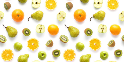 Food texture. Seamless pattern of fresh  various fruits. Pears, red and green apples, slices of tangerines, oranges, kiwi, isolated on white background, top view, flat layout.