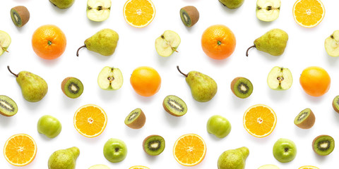 Food texture. Seamless pattern of fresh  various fruits. Pears, red and green apples, slices of tangerines, oranges, kiwi, isolated on white background, top view, flat layout.