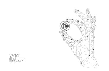 Global cryptocurrency GCC coin hold finger low poly hand. Polygonal geometric 3d render point live digital electronic banking future innovation business technology vector illustration