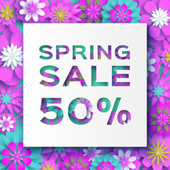 Origami Pink Spring Sale Flowers Banner. Paper cut Floral card. Spring blossom. Happy Womens Day. 8 March. Text. Seasonal holiday.Trendy decor. Spring Sale Poster, Flyer, voucher discount.