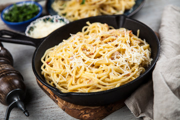 Spaghetti carbonara with egg and pancetta