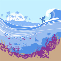 Big ocean wave and tropical island on Vector blue background with surfer