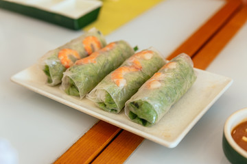 Vietnamese Fresh Spring Rolls including lettuce and boiled shrimp at the restaurant in Hanoi, Vietnam.