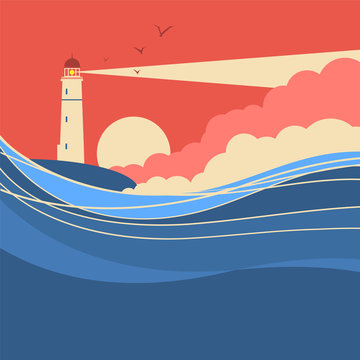 Sea waves with lighthouse.Vector nature poster of seascape