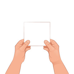 Hands holding an empty sheet of paper. Vector illustration isolated on white background.