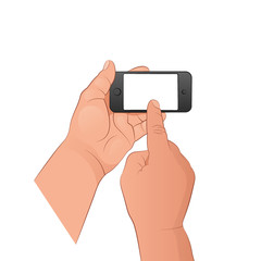 One hand holds the phone, the other turns it on with the index finger. Vector illustration isolated on white background.