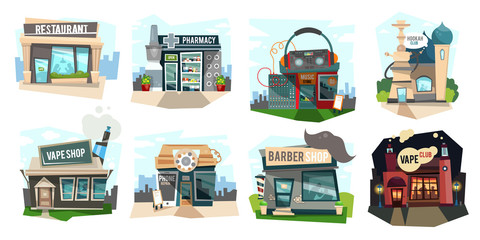 A set of shops and clubs. The collection of buildings. Vector illustration isolated on white background.