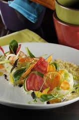 Rabbit stuffed with pistachio, asparagus and veal accompanied by ratatouille.