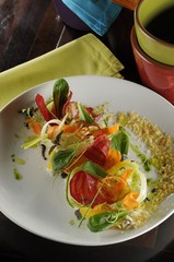 Rabbit stuffed with pistachio, asparagus and veal accompanied by ratatouille.