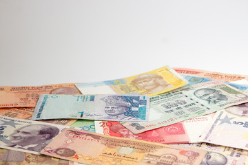 Money banknotes from multiple countries, copy space