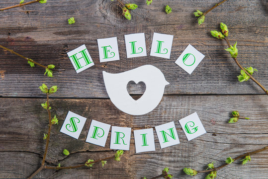 Top view composition of Hello spring lettering, branches with young shoots of greenery and handcraft bird figure with cutout in shape of heart on rustic wooden background. Vintage concept.