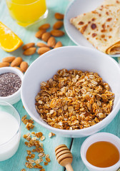 breakfast with home made granola and pancakes on turquoise surface