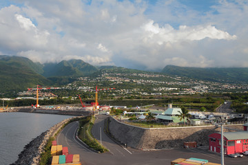Seaport at foot of mountains. Zone Industrielle ZI, Reunion