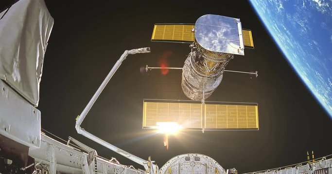 Hubble Space Telescope Release by Space Shuttle Blue Earth Sun Flare, some elements furnished by NASA images