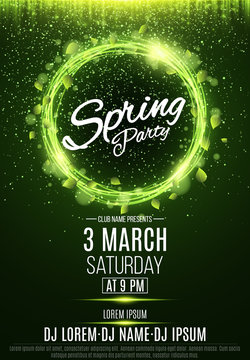 Poster for a spring party. Abstract banner of swirling neon lines. Green fresh leaves. Invitation card in night club. The names of the club and DJ. Luminous dust. Vector illustration