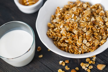 home made granola on wooden surface surface