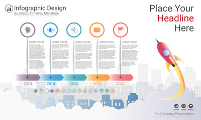 Business infographics template, Milestone timeline or Road map with Process flowchart 5 options, Strategic plan to define company values, Scheduling in project management to make facts and statistics.