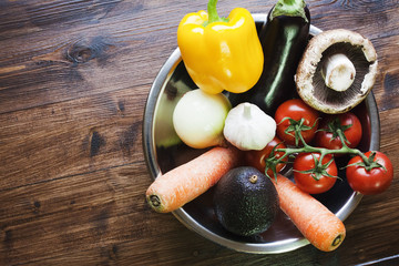 A harvest of fresh organic foods for the family meal