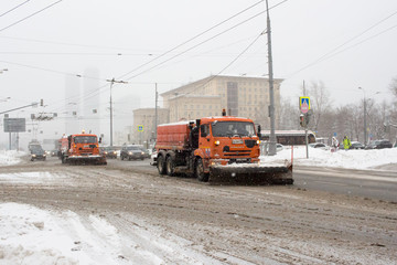 Russia, Moscow, 11.02.2018: Snow cleaning with special equipment after a heavy snowfall.