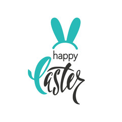 Obraz premium Happy Easter greeting card. Handwritten vector lettering text with bunny's ears. Calligraphic phrase.