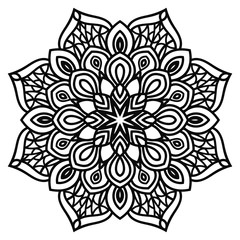 Ornamental round doodle flower isolated on white background. Black outline mandala. Geometric circle element. Vector illustration.