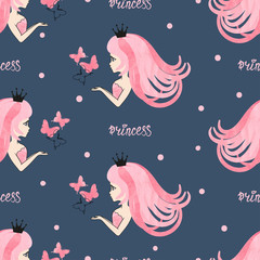 Seamless princess pattern with beautiful girls and butterflies on dark blue. © Afanasia