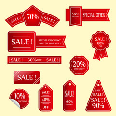 Set of red discount tickets, labels, stamps, stickers, corners, tags. Isolated without a shadow.