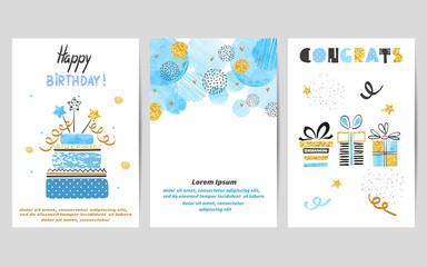 Happy Birthday cards set in blue and golden colors. Celebration vector templates with birthday cake and gifts.