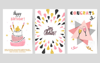 Happy Birthday cards set in pink, black and golden colors. Celebration vector illustrations with birthday cake and champagne glasses.