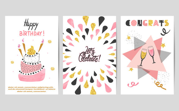 Happy Birthday cards set in pink, black and golden colors. Celebration vector illustrations with birthday cake and champagne glasses.
