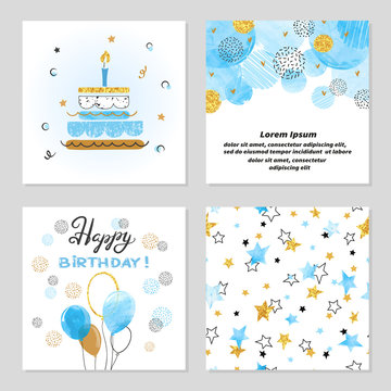 Happy Birthday cards set in blue and golden colors. Celebration vector illustrations with birthday cake, balloons and stars.