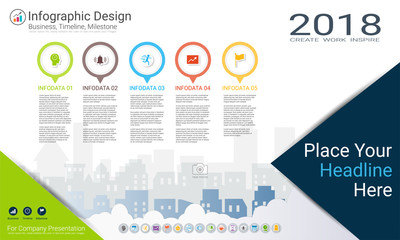 Business infographics template, Milestone timeline or Road map with Process flowchart 5 options, Strategic plan to define company values, Scheduling in project management to make facts and statistics.