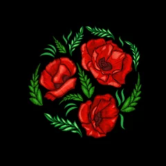 Wandcirkels tuinposter Embroidery poppies flowers. Patch for women's, girls' T-shirts. Vector illustration. EPS10 © artabramova