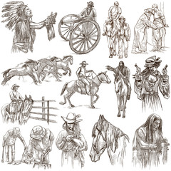 Wild West, American frontier and Native Americans - An hand drawn collection. Line art on white. Isolated.
