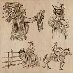 Wild West and Native Americans - An hand drawn vector pack. Line art collection.