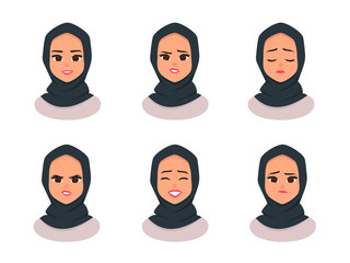 Set Smiling girl in hijab.Facial expressions Young Arabic business woman wearing hijab. Arabian Woman Face Covered with Hijab. Vector illustration isolated from white background
