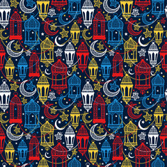 Seamless pattern of Ramadan Kareem lanterns. Happy Ramadan background celebration.